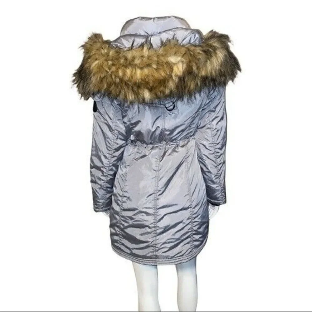 Madden Girl Juniors Silver Grey Faux Fur Trim Hooded Anorak Parka Coat Small NWT